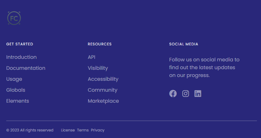 footer with social links and legal information